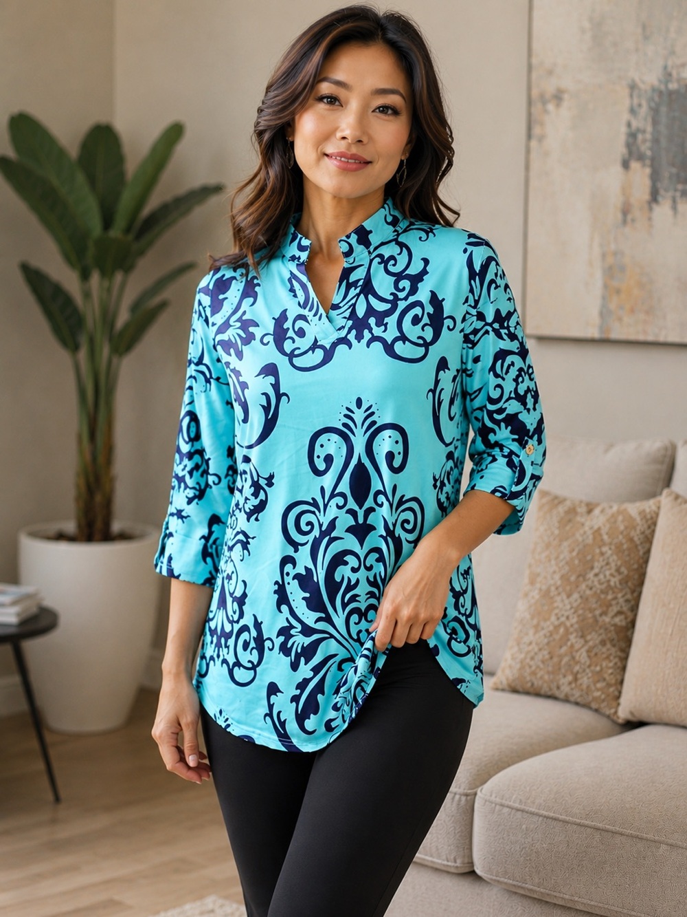 HAUTE EDITION Women's Turquoise/Navy 3/4 Sleeve Tunic Style Top Sz SM